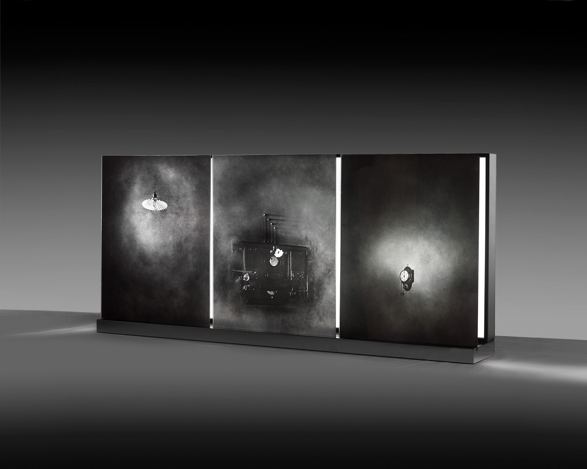 La-stanza.-Emulsion-on-glass,-light,-lacquered-wood.52-x-120-x-17cm