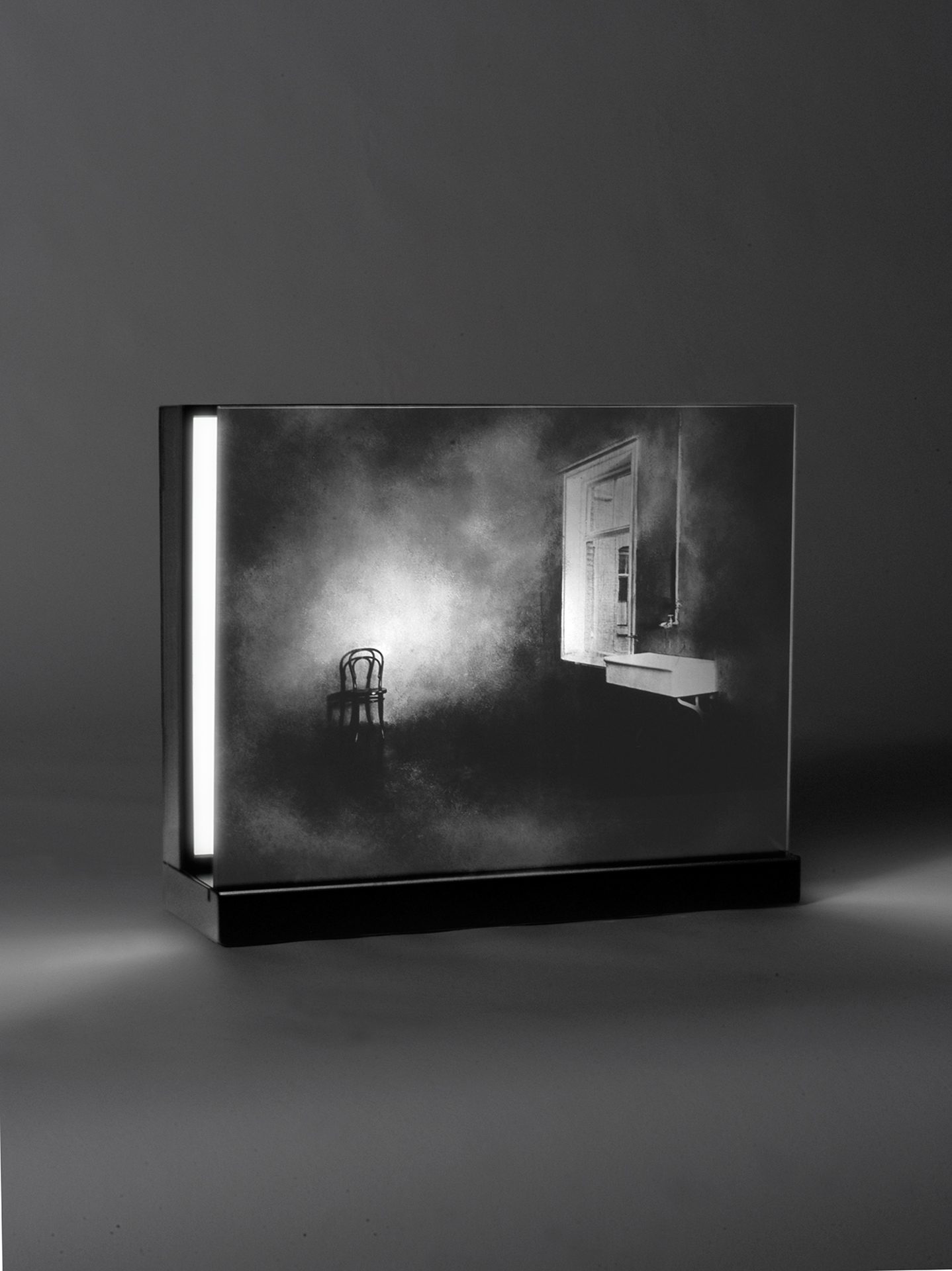 Room-with-a-window.1999-2004.--40-x-50-x-17cmEmulsion-on-glass,-light,-lacqured-wood