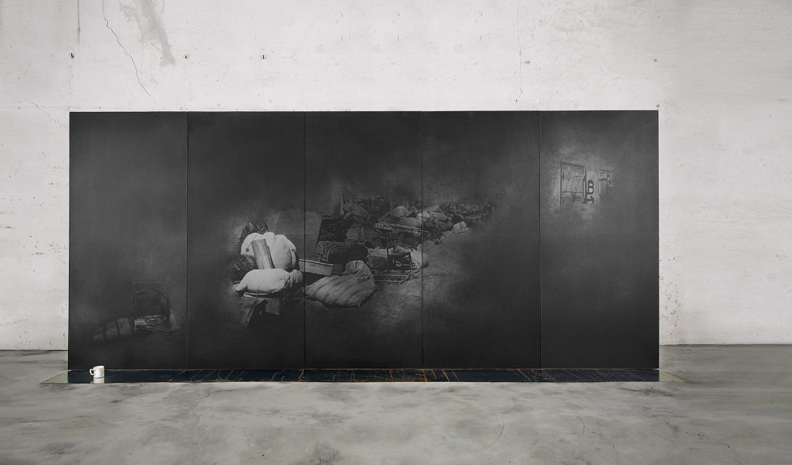 Street. Macrodevelopment of photographic image, iron, hand-made paper. 245 x 555 x 85 cm