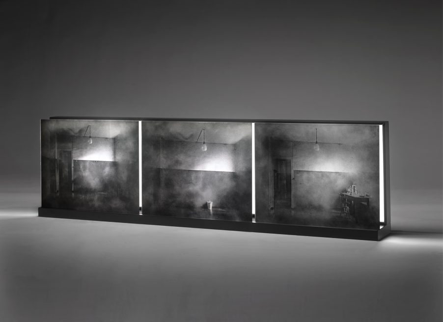 Three moments. Emulsion on glass, light, lacquered wood. 52 x 150 x 17 cm