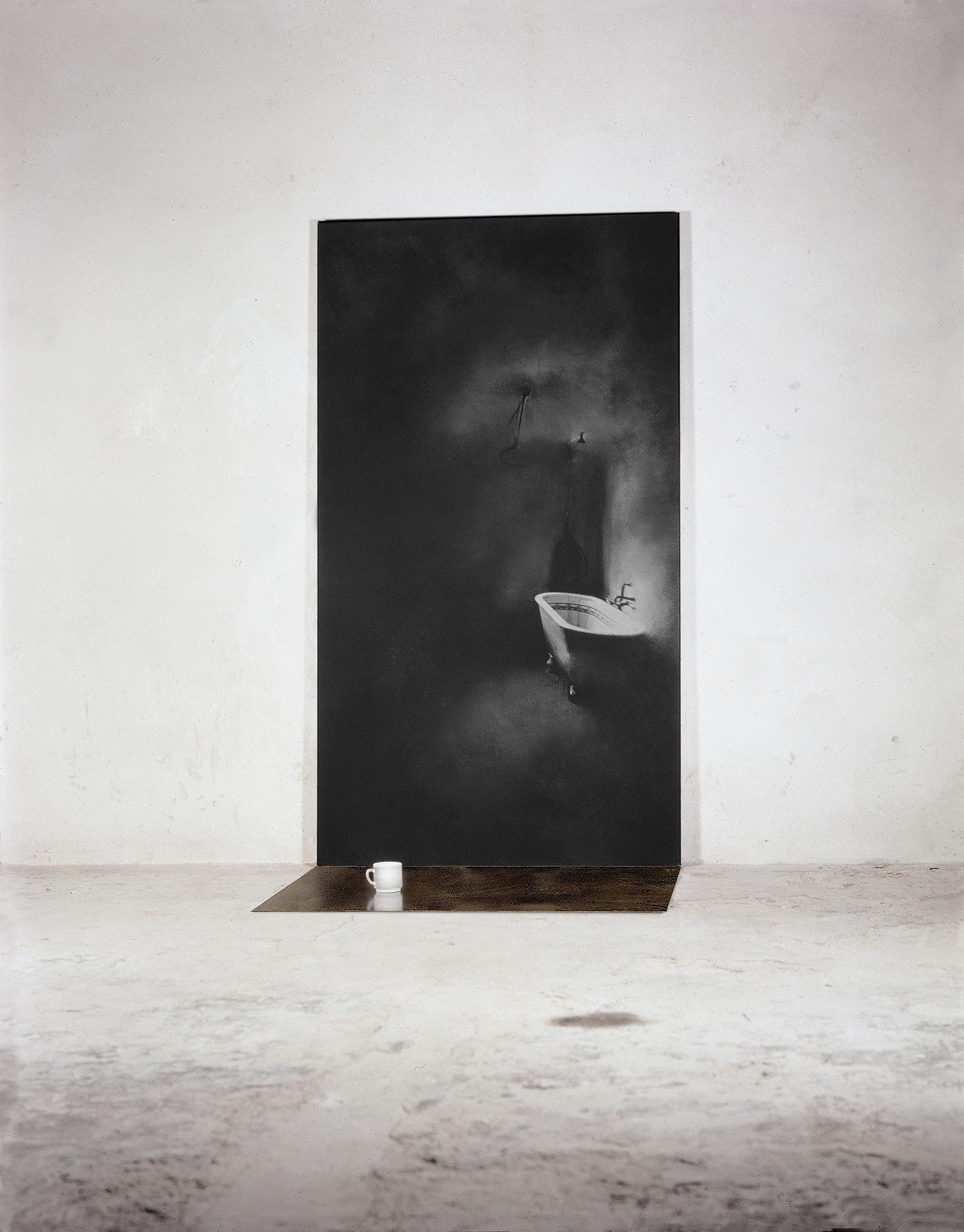 Untitled with a white cup. Iron, macrodevelopment of photographic image, hand made paper, pigment. 220 x 125 x 85cm