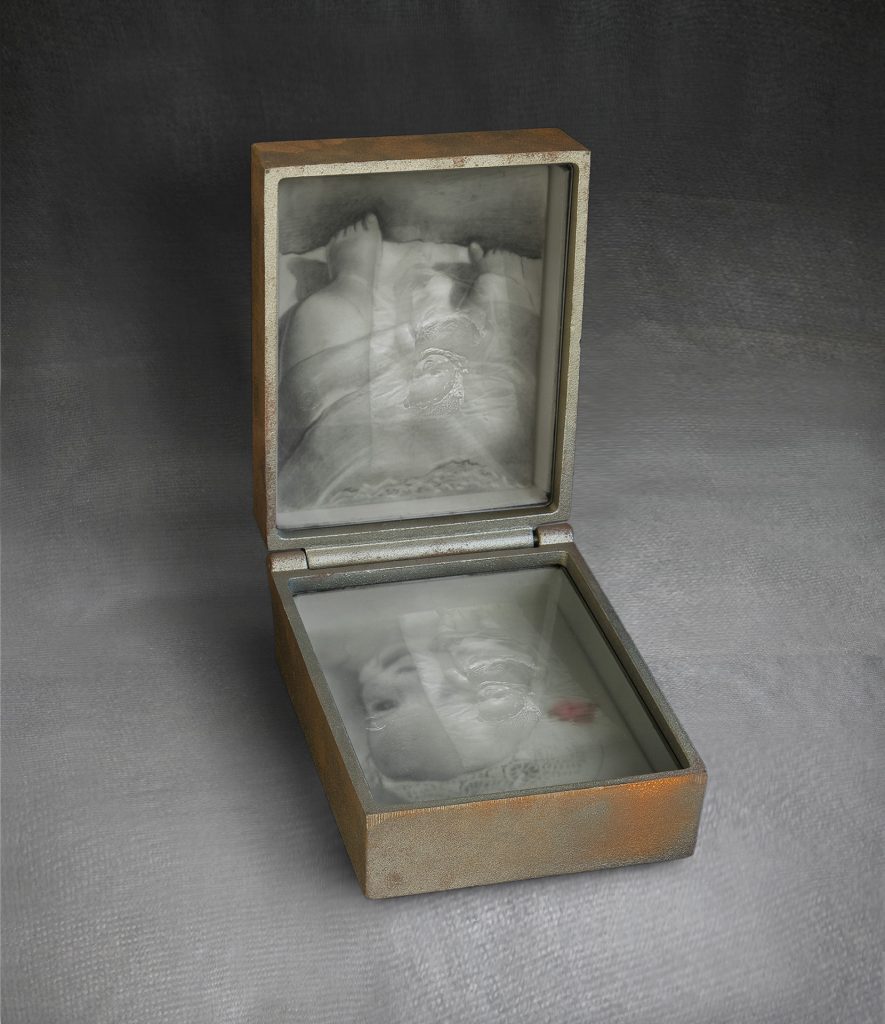 With a pink bow. Cast iron, drawing, glass. 30 x 20 x 28 cm