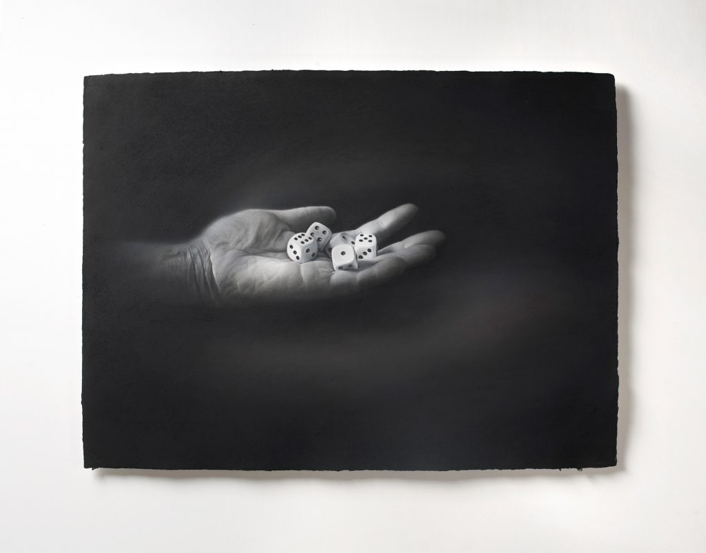 Five dice (2017). Pastel on hand made paper. 75 x 103 cm