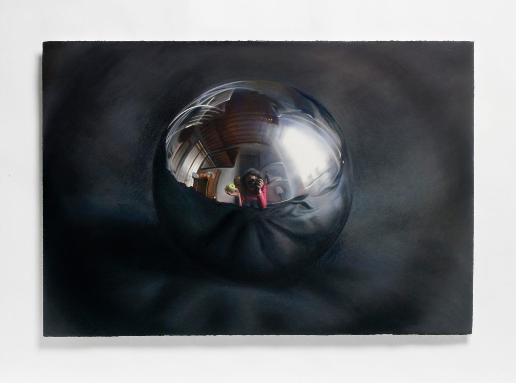 Sphere with apple (self portrait) (2008-2009). Pastel on hand made paper. 73 x 103 cm