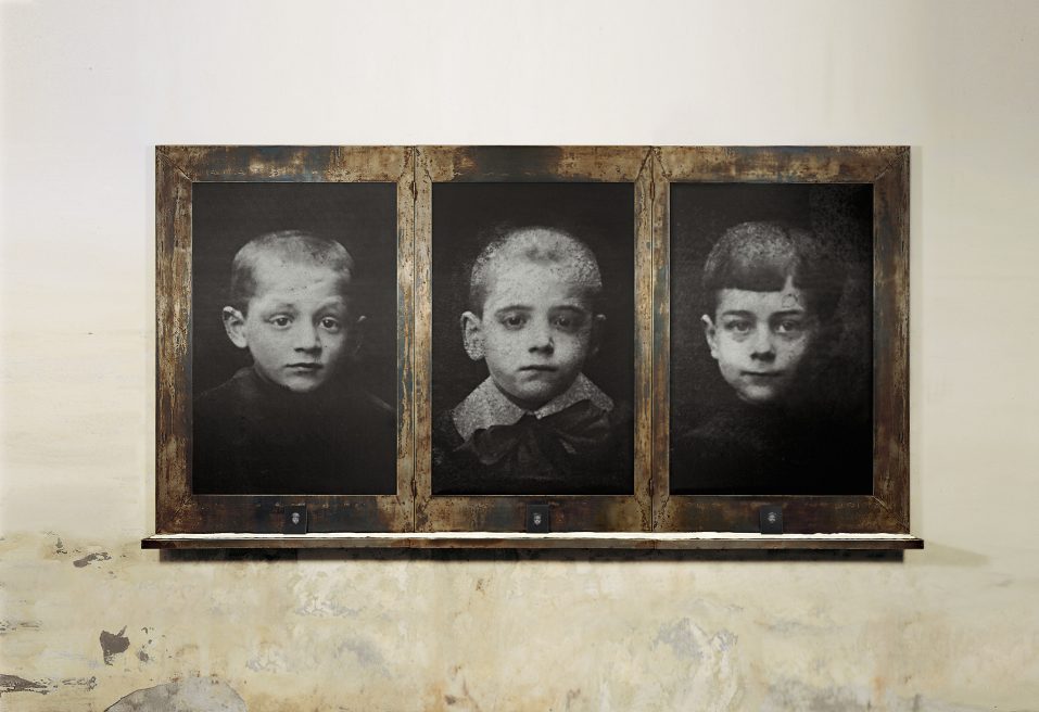 Three children. Iron, macrodevelopment of photographic image, white close