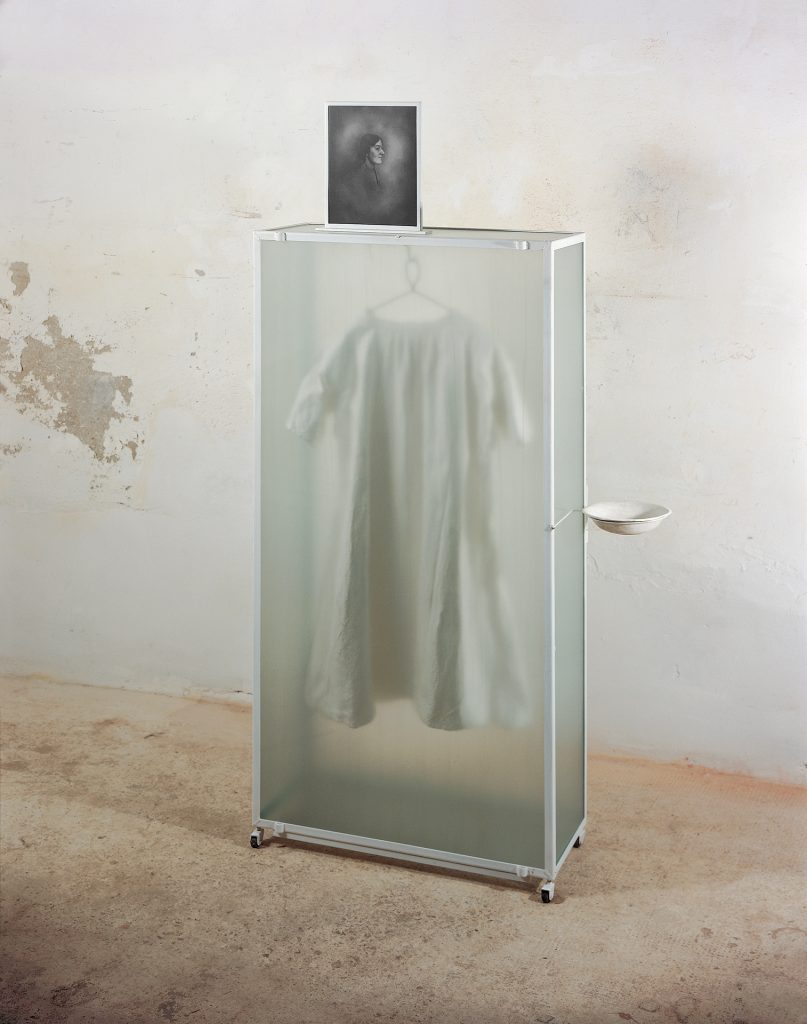 White dress. Glass, hand made paper, photo, iron, pigment. 170 x 100 x 32 cm