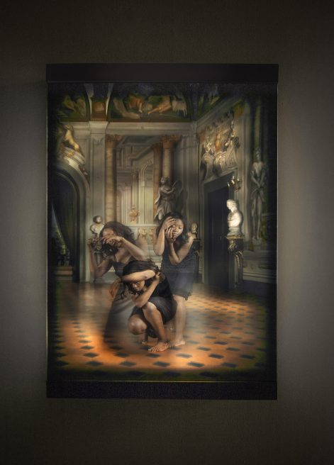 Golden chains from star to star… And I dance (2014-15). Image on glass, lacquered wood, light. 166 x 115 x 34 cm