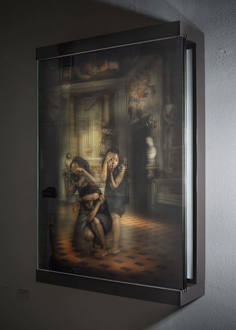 Golden chains from star to star… And I dance (side view)(2014-15). Image on glass, lacquered wood, light. 166 x 115 x 34 cm