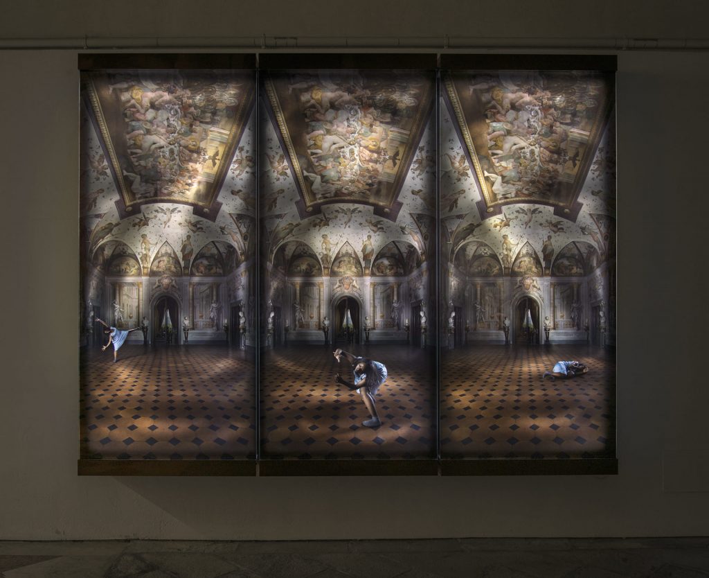 No words, no thoughts; but in my soul will grow aboundless love (2014-15). Image on glass, lacquered wood, light. 260 x 332 x30 cm