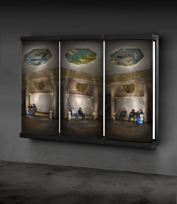 Novokuznezkaja (side view)(2007-2009). Image on glass, lacquered wood, light. 225 x 302 x 30,5 cm